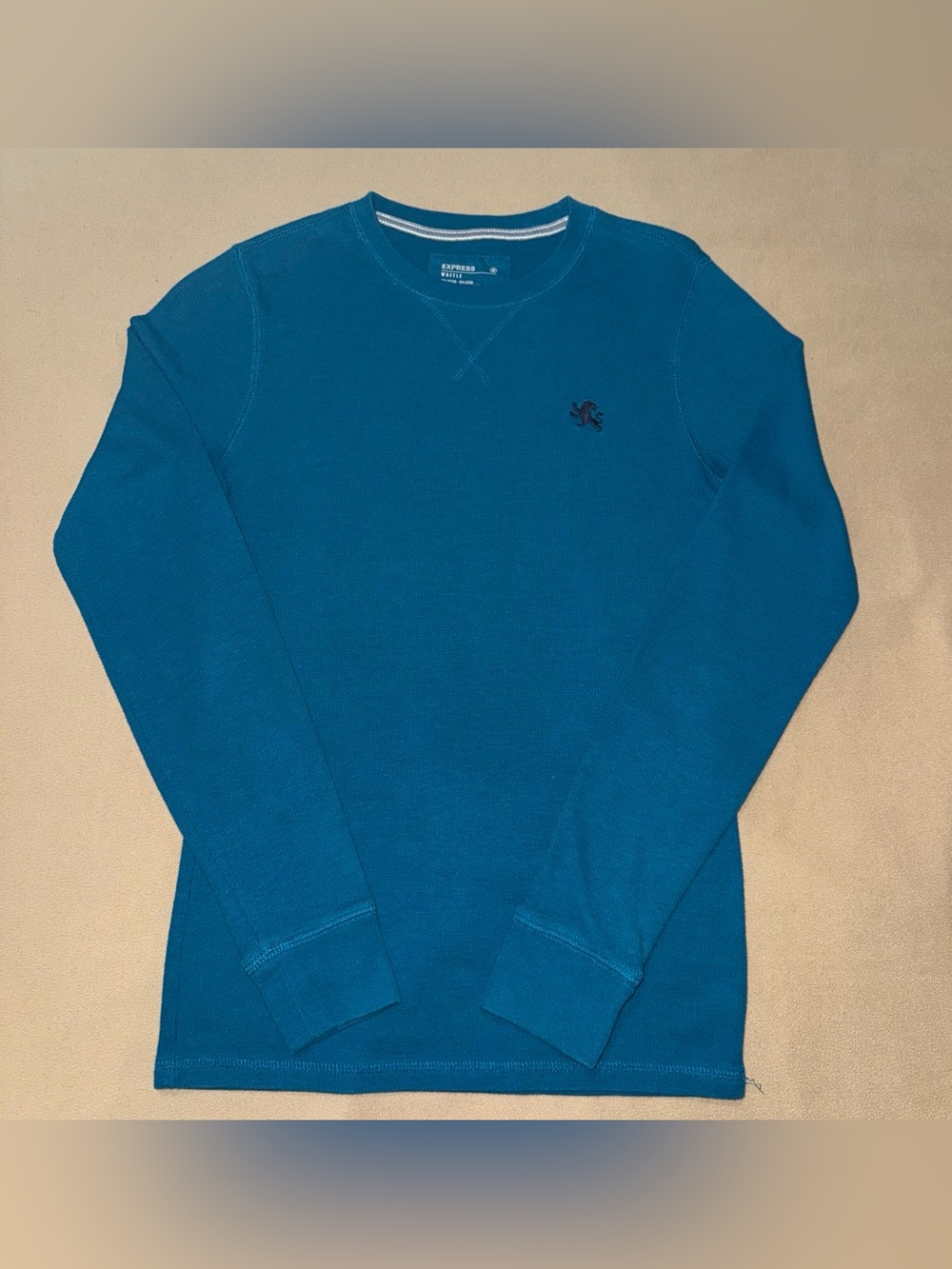Express Men's Teal-Blue Waffle Crewneck Sweater